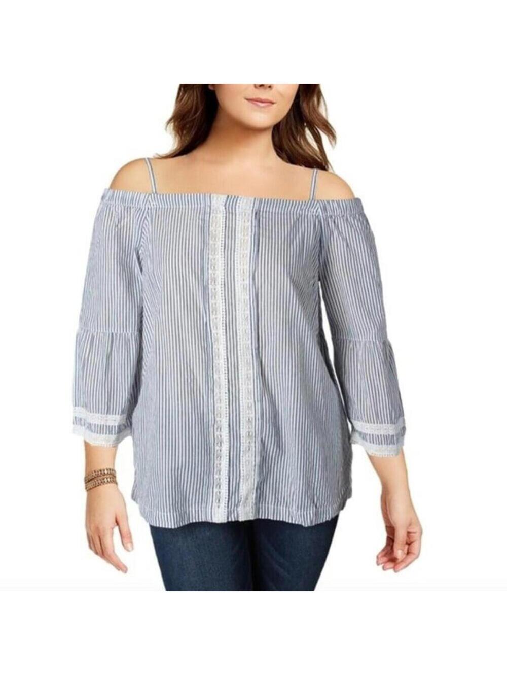 Ivanka Trump White Blue Striped Crochet Cold Shoulder Blouse Size M NWT